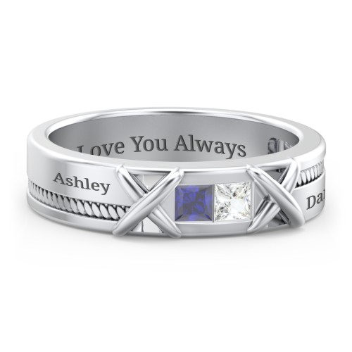 Men's 2-Stone Family Ring with “X” Stitch Detail – Sterling Silver with Fancy Blue Premium Zirconia and Cubic Zirconia