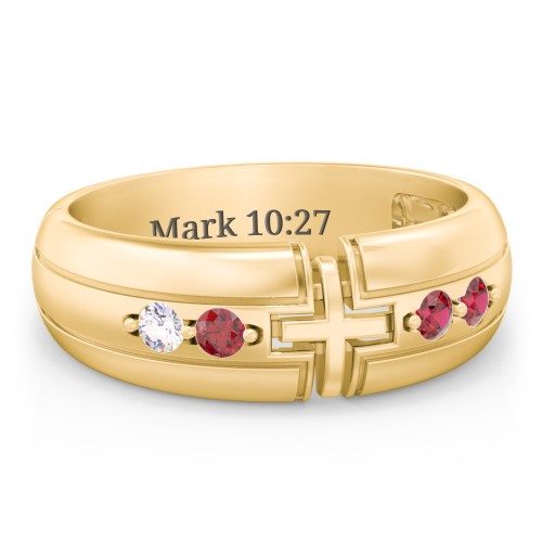 Men’s 4-Stone Cross Ring – 10K Yellow Gold with Cubic Zirconia and Garnet