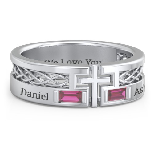 Men’s Cross Ring with East-West Baguette Gemstones – Sterling Silver with Ruby