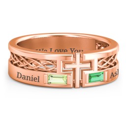 Men’s Cross Ring with East-West Baguette Gemstones in 10K Solid Rose Gold with Peridot and Emerald