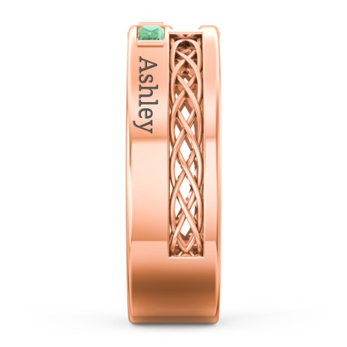 Men’s Cross Ring with East-West Baguette Gemstones – 10K Rose Gold with Peridot and Emerald