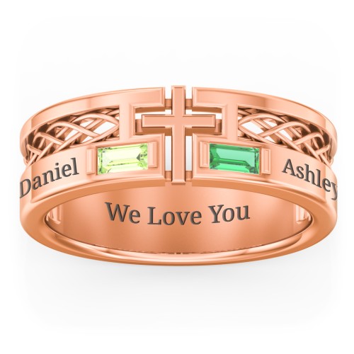 Men’s Cross Ring with East-West Baguette Gemstones – 10K Rose Gold with Peridot and Emerald