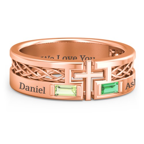 Men’s Cross Ring with East-West Baguette Gemstones – 10K Rose Gold with Peridot and Emerald