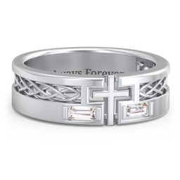 Men’s Cross Ring with East-West Baguette Gemstones in 925 Sterling Silver with Diamond