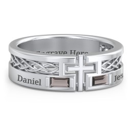 Men’s Cross Ring with East-West Baguette Gemstones in 925 Sterling Silver with Smokey Quartz
