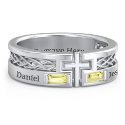 Men’s Cross Ring with East-West Baguette Gemstones in 925 Sterling Silver with Citrine