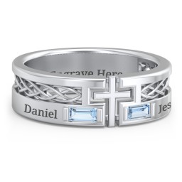 Men’s Cross Ring with East-West Baguette Gemstones in 925 Sterling Silver with Blue Topaz