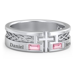 Men’s Cross Ring with East-West Baguette Gemstones in 925 Sterling Silver with Pink Tourmaline