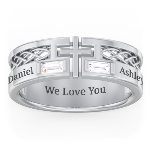 Men’s Cross Ring with East-West Baguette Gemstones – Sterling Silver with Diamond