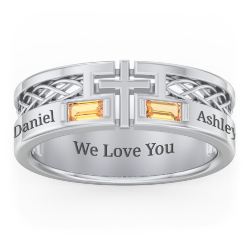 Men’s Cross Ring with East-West Baguette Gemstones – Sterling Silver with Citrine