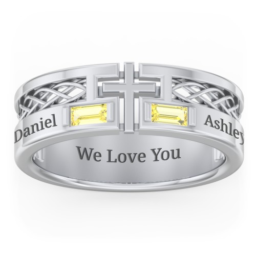 Men’s Cross Ring with East-West Baguette Gemstones – Sterling Silver with Citrine