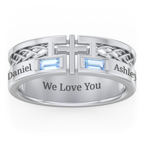 Men’s Cross Ring with East-West Baguette Gemstones – Sterling Silver with Blue Topaz