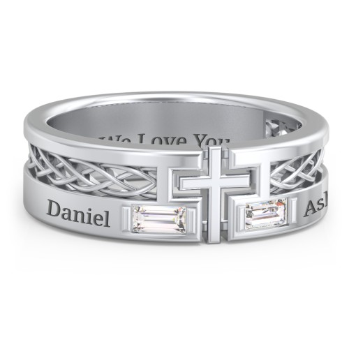 Men’s Cross Ring with East-West Baguette Gemstones – Sterling Silver with Diamond