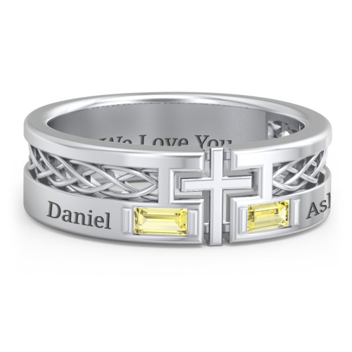 Men’s Cross Ring with East-West Baguette Gemstones – Sterling Silver with Citrine