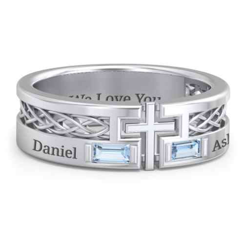 Men’s Cross Ring with East-West Baguette Gemstones – Sterling Silver with Blue Topaz