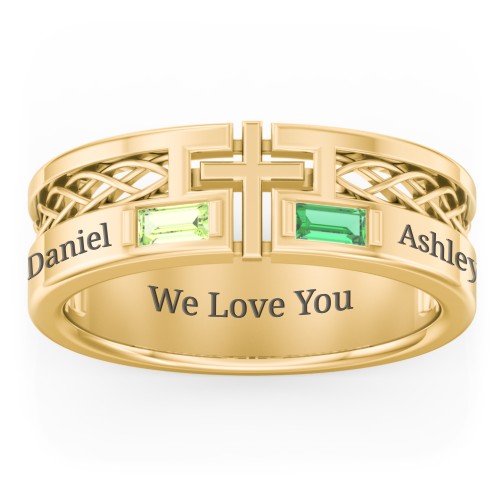 Men’s Cross Ring with East-West Baguette Gemstones – 10K Yellow Gold with Peridot and Emerald