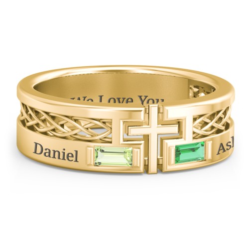 Men’s Cross Ring with East-West Baguette Gemstones – 10K Yellow Gold with Peridot and Emerald