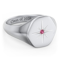 Men’s Star Set Hexagon Signet Ring in 925 Sterling Silver with Ruby