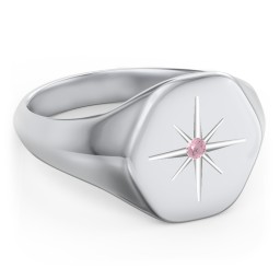 Men’s Star Set Hexagon Signet Ring in 925 Sterling Silver with Pink Tourmaline
