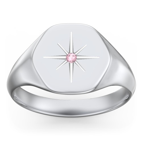 Men’s Star Set Hexagon Signet Ring – Sterling Silver with Pink Tourmaline