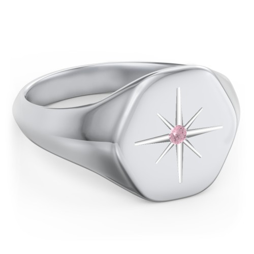 Men’s Star Set Hexagon Signet Ring – Sterling Silver with Pink Tourmaline