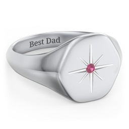 Men’s Star Set Hexagon Signet Ring in 925 Sterling Silver with Ruby