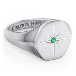 Men’s Star Set Hexagon Signet Ring in 925 Sterling Silver with Emerald