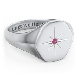 Men’s Star Set Hexagon Signet Ring in 925 Sterling Silver with Ruby