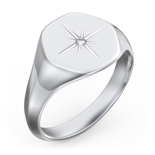 Men’s Star Set Hexagon Signet Ring – Sterling Silver with Diamond