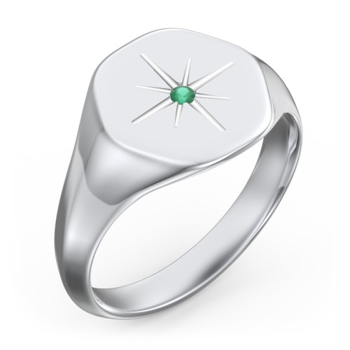 Men’s Star Set Hexagon Signet Ring – Sterling Silver with Emerald