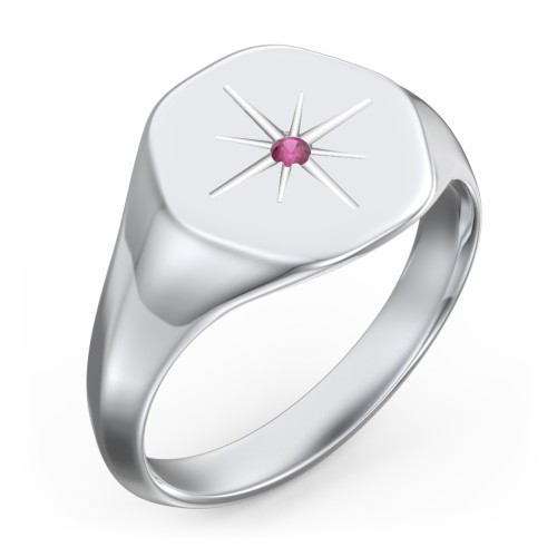 Men’s Star Set Hexagon Signet Ring – Sterling Silver with Ruby