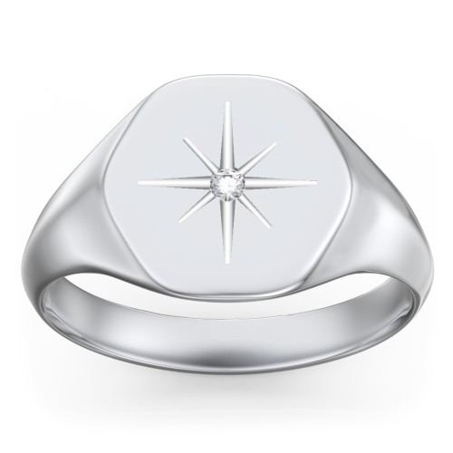Men’s Star Set Hexagon Signet Ring – Sterling Silver with Diamond