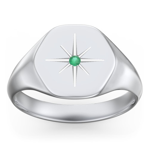 Men’s Star Set Hexagon Signet Ring – Sterling Silver with Emerald