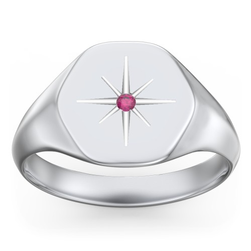 Men’s Star Set Hexagon Signet Ring – Sterling Silver with Ruby