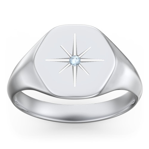 Men’s Star Set Hexagon Signet Ring – Sterling Silver with Blue Topaz