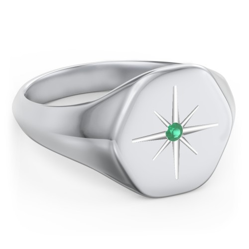 Men’s Star Set Hexagon Signet Ring – Sterling Silver with Emerald