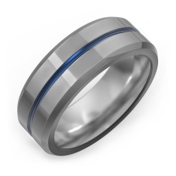 Men's Tungsten Ring with Blue Groove and Beveled Edge
