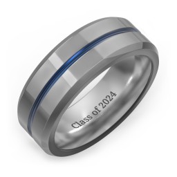 Men's Tungsten Ring with Blue Groove and Beveled Edge