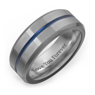 Men's Tungsten Ring with Blue Groove and Beveled Edge