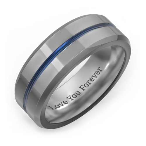 Men's Tungsten Ring with Blue Groove and Beveled Edge – Tungsten