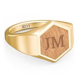 Men's Engravable Wood Hexagon Signet Ring - Cherry in 10K Solid Yellow Gold