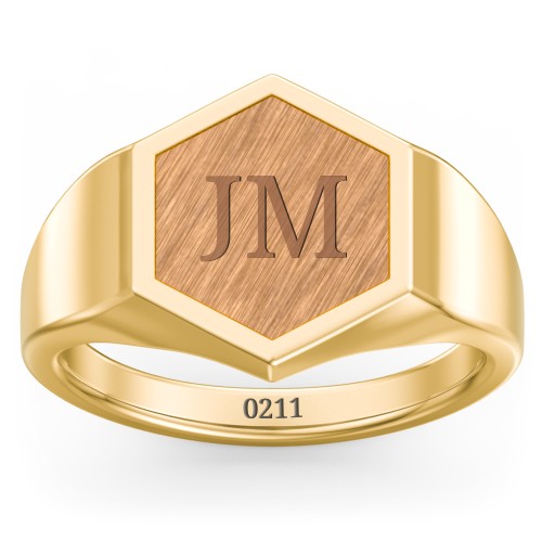 Men's Engravable Wood Hexagon Signet Ring - Cherry – 10K Yellow Gold