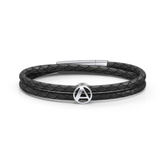 Men’s Leather Sterling Silver Round "A" Initial Bracelet