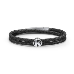 Menβs Leather Sterling Silver Round "K" Initial Bracelet