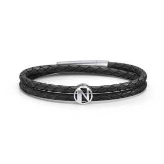 Men’s Leather Sterling Silver Round "N" Initial Bracelet