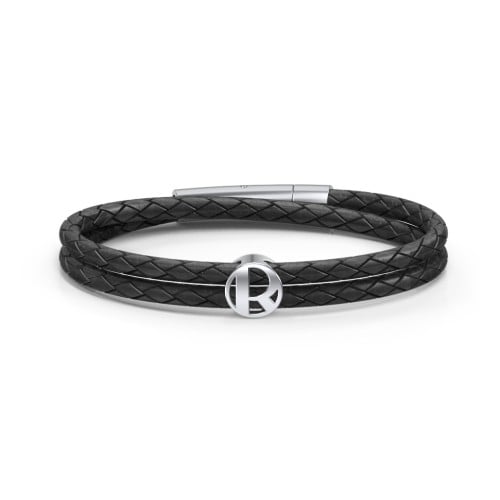 Men’s Leather Sterling Silver Round "R" Initial Bracelet