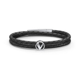 Men’s Leather Sterling Silver Round "V" Initial Bracelet in 925 Sterling Silver