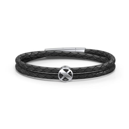 Men’s Leather Sterling Silver Round "X" Initial Bracelet