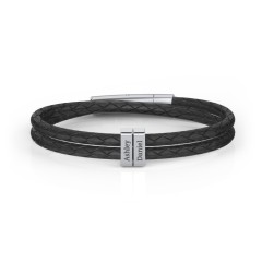 Men’s Engravable Sterling Silver Vertical 2-Bar Leather Bracelet
