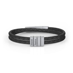 Menβs Engravable Sterling Silver Vertical 4-Bar Leather Bracelet